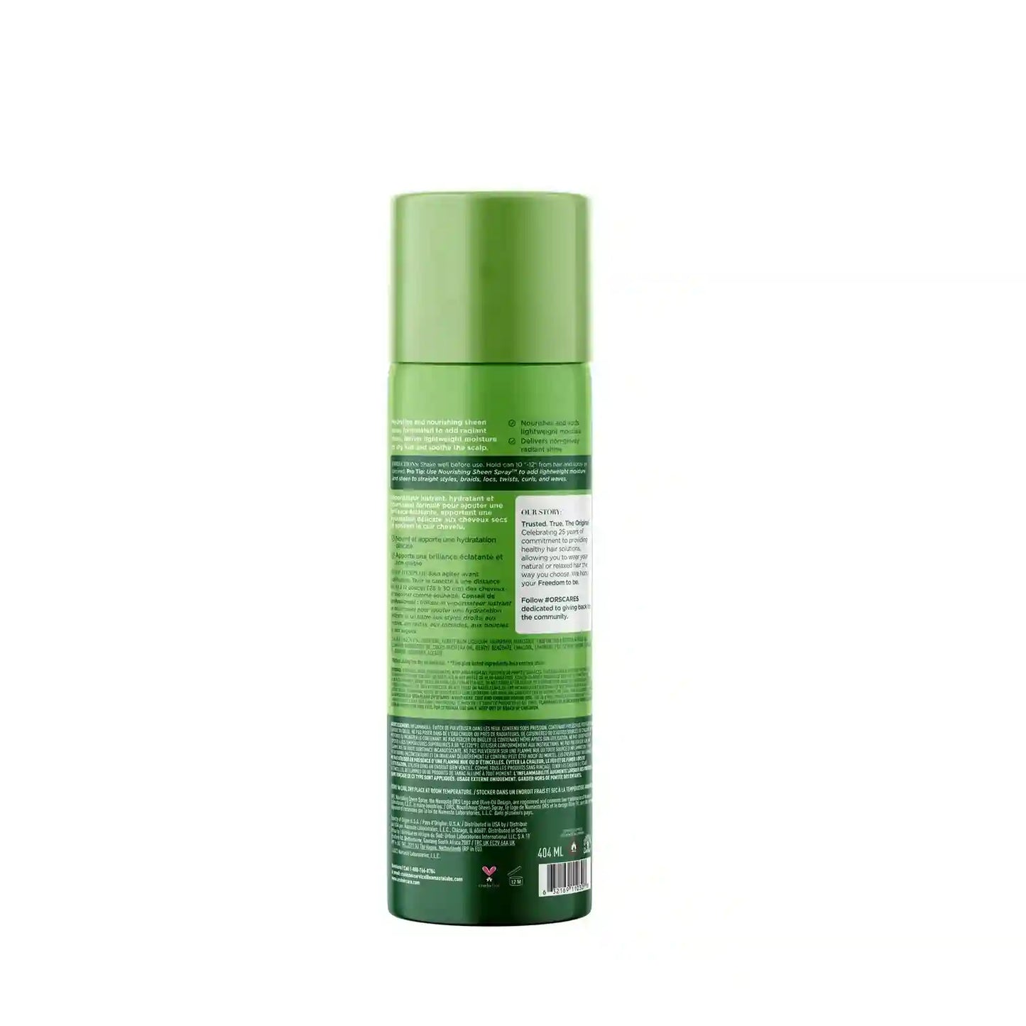 ORS Olive Oil Nourishing Sheen Spray retro prodotto con lista degli ingredienti e dettagli.
