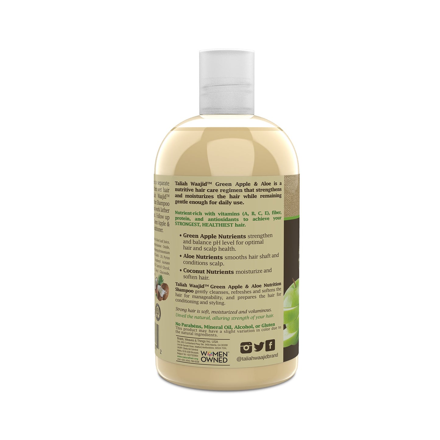 Taliah Waajid Green Apple and Aloe Nutrition Shampoo è ricco di nutrienti per ricci indeboliti 355ml.